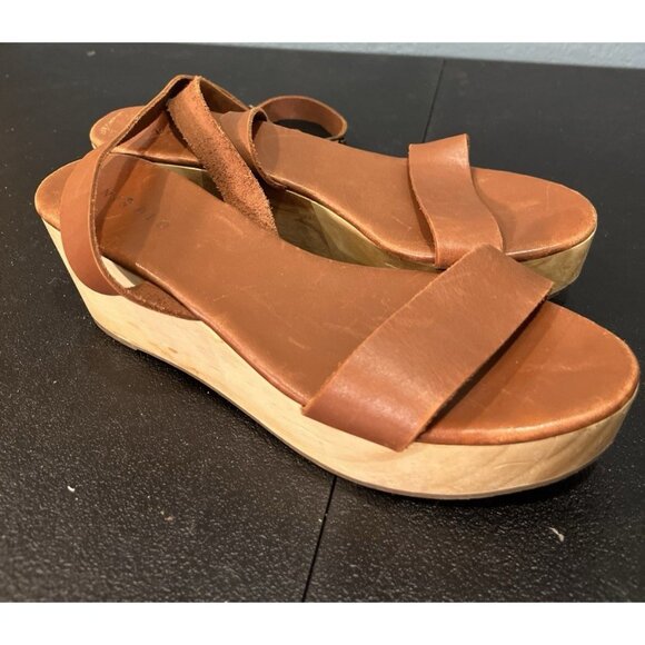 Nisolo Wedge Sandals Womens 9 Tan Leather Sarita Platform Wood Grain Boho Beachy - Picture 1 of 7